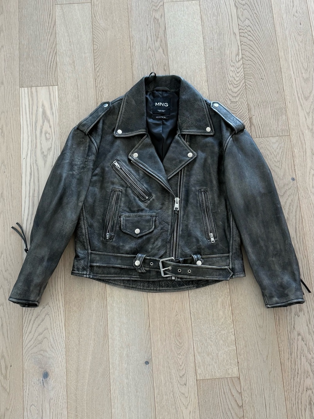 Mango selection line  real leather Black Distressed Leather Jacket